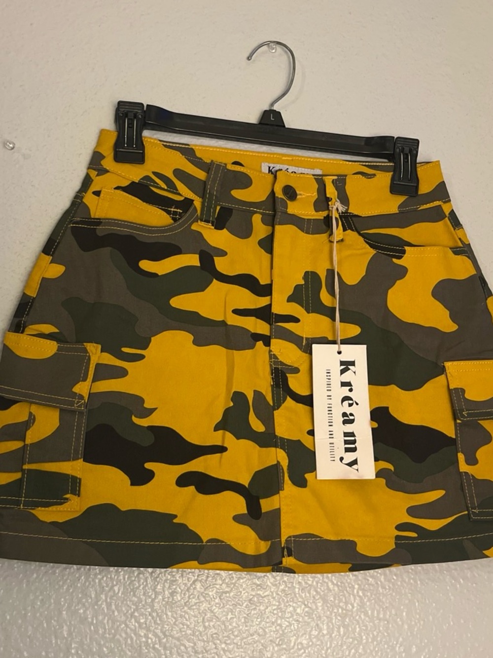 Yellow Camo Cargo Mini Skirt
